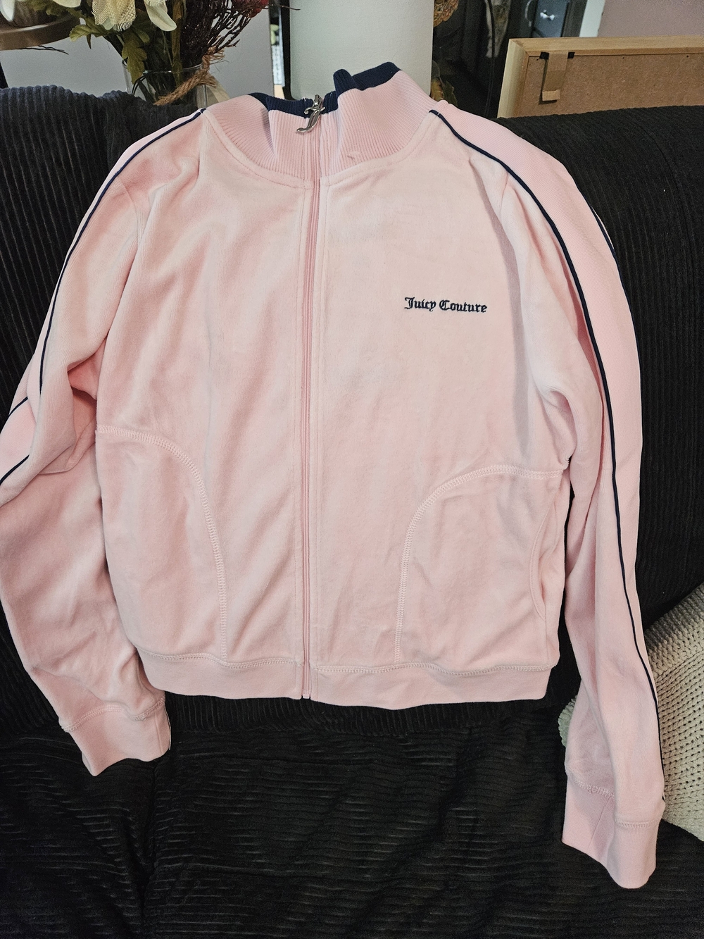 Juicy Couture Light Pink Velour Bomber Jacket with Navy Trim